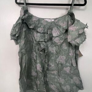 Billy T Sage/Gray Flutter Sleeve Blouse with Peter Pan Collar